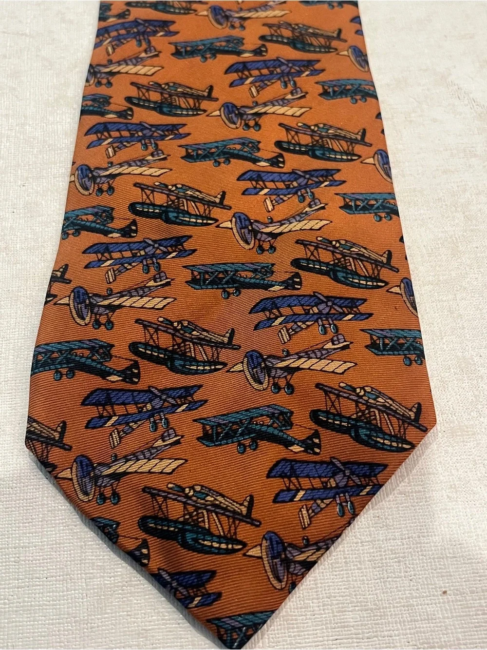 Vintage Liberty of London mustard brown bi-plane print silk Tie. EUC!